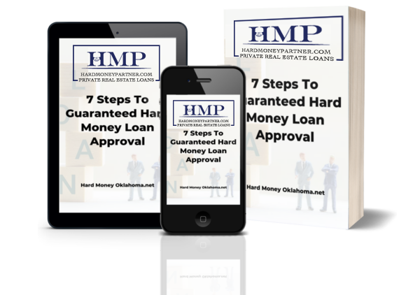 An ipad, iphone, and a book, all with text "7 steps to guarantee hard money loan approval"